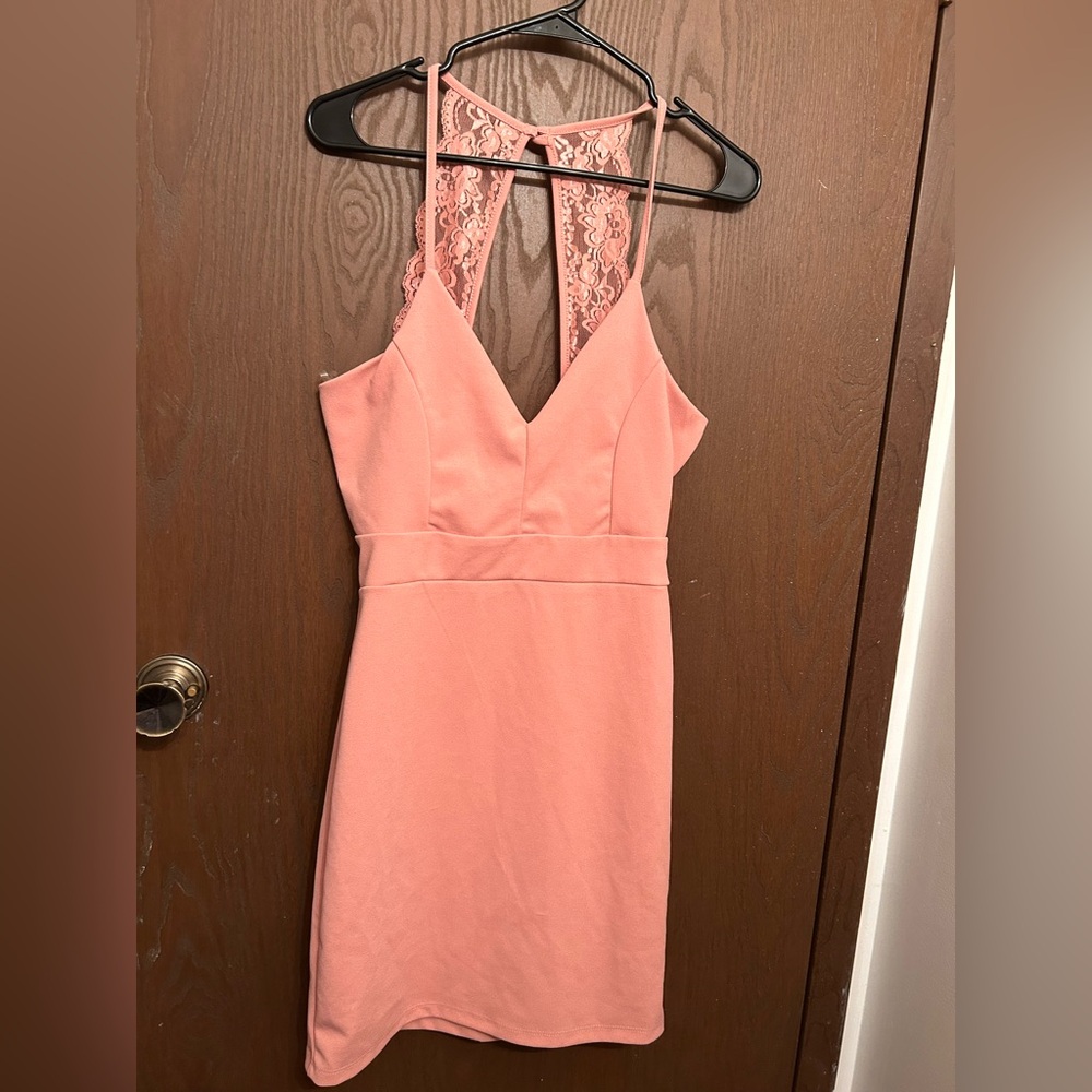 Pink lace strap bodycon dress with tags